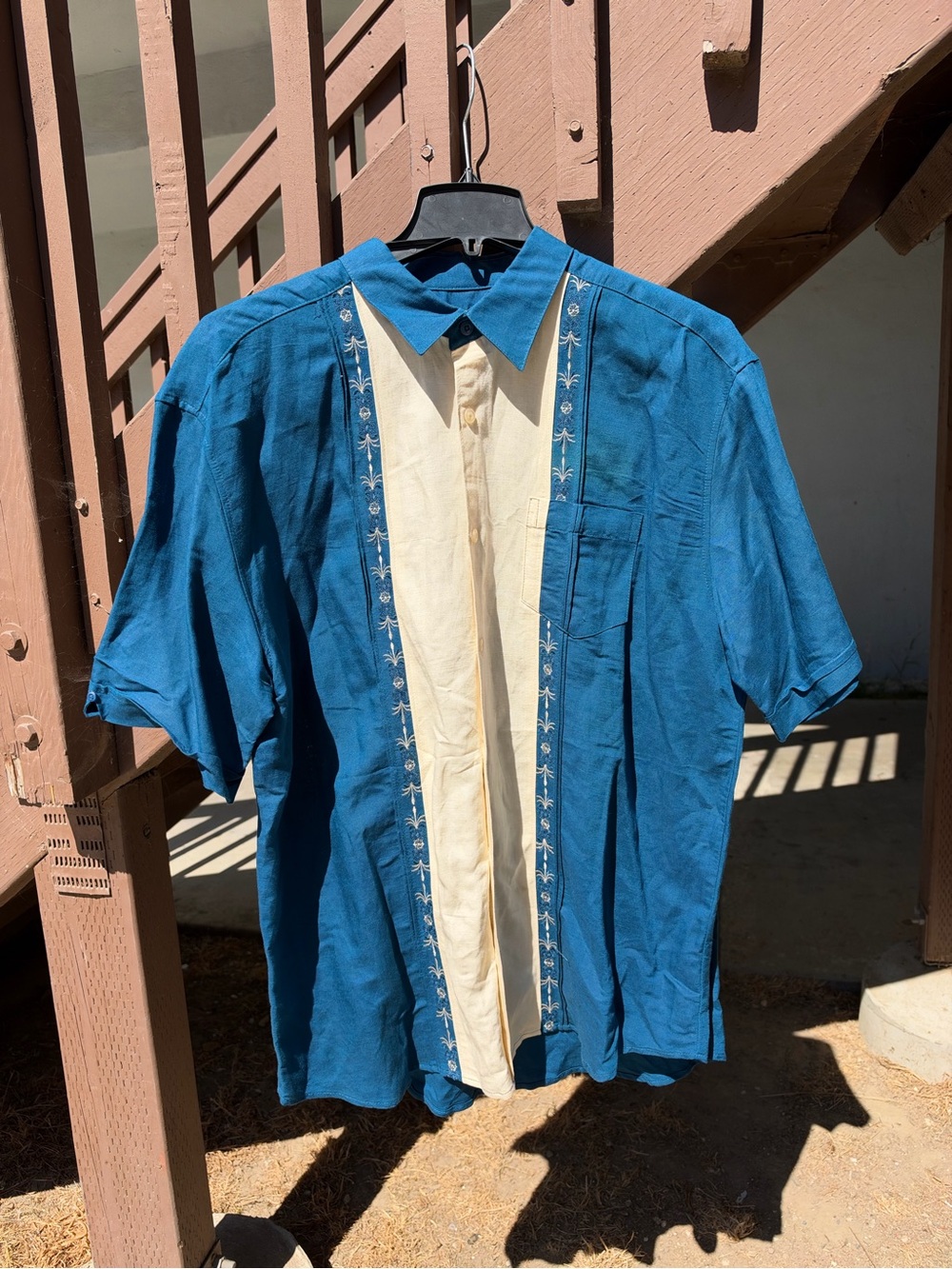Cubavera Blue Short-Sleeve Embroidered Panel Shirt with Cream Center